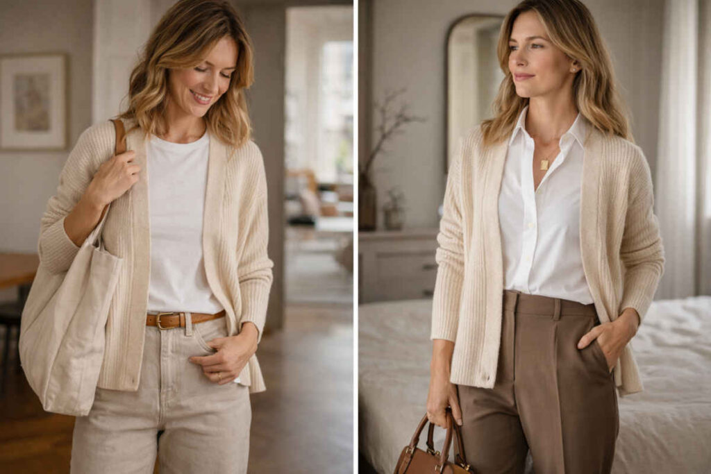 Donna che prova diverse combinazioni di outfit