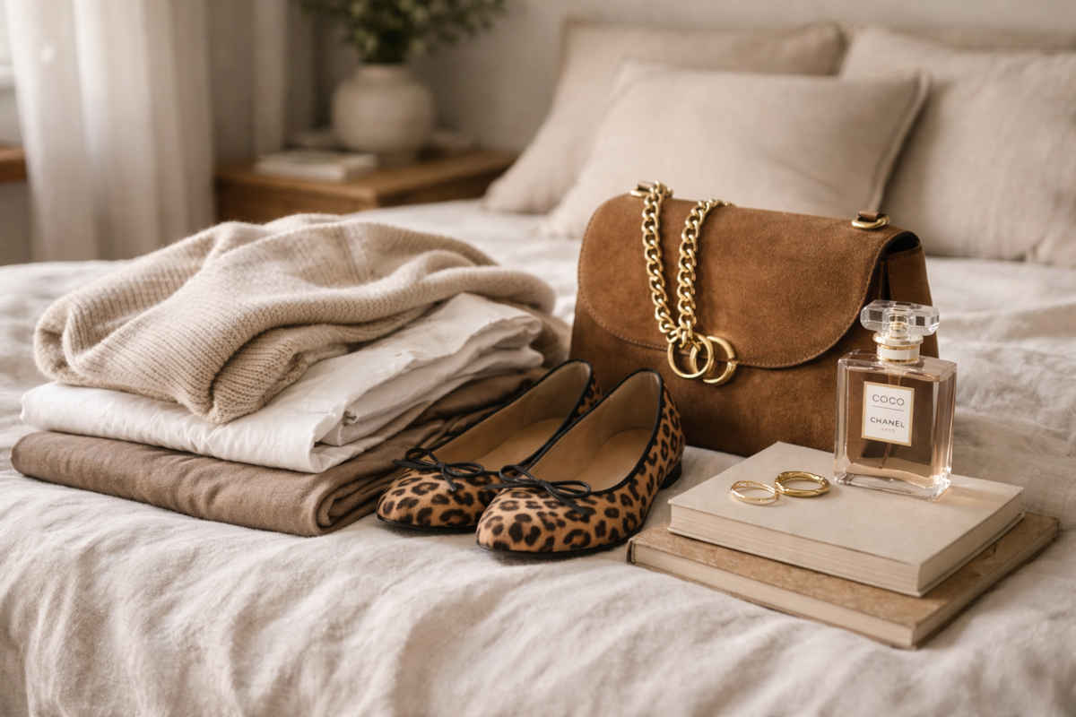 Accessori moda sui toni del beige e marrone appoggiati su di un letto