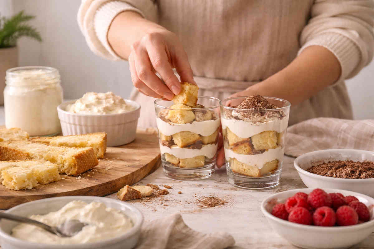 Donna che prepara un dessert con il pandoro avanzato