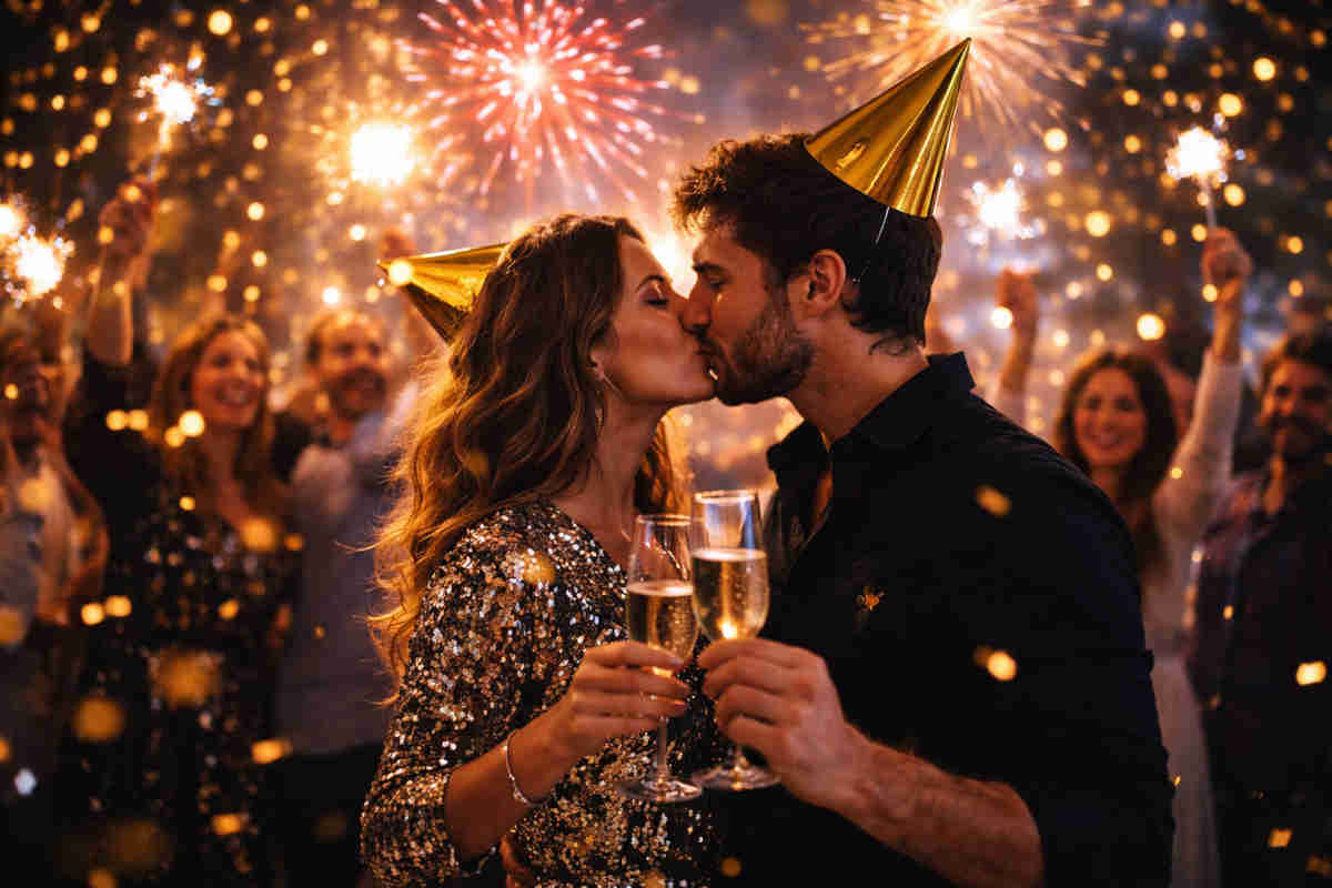 Fidanzati che si baciano durante una festa di Capodanno