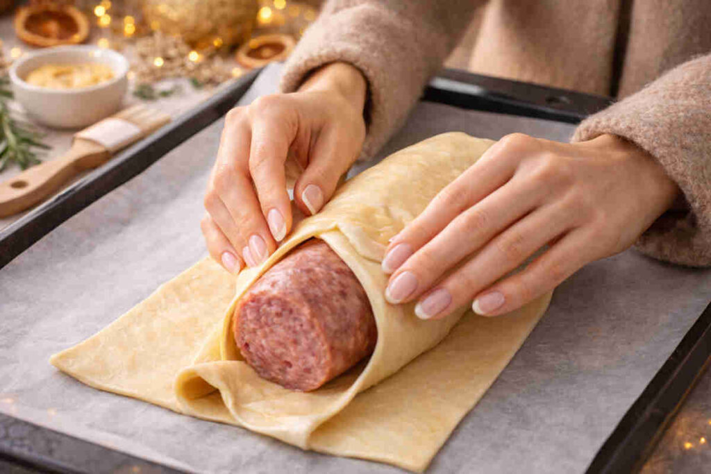 Mani femminili che preparano un cotechino in crosta