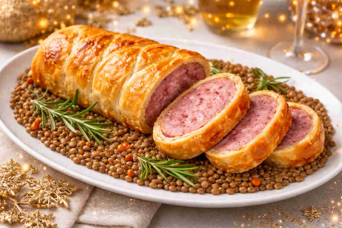 Piatto da portata con un cotechino in crosta su letto di lenticchie