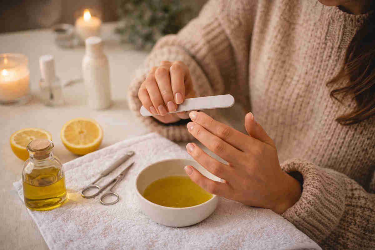 Donna che si fa la manicure a casa con rimedi della nonna