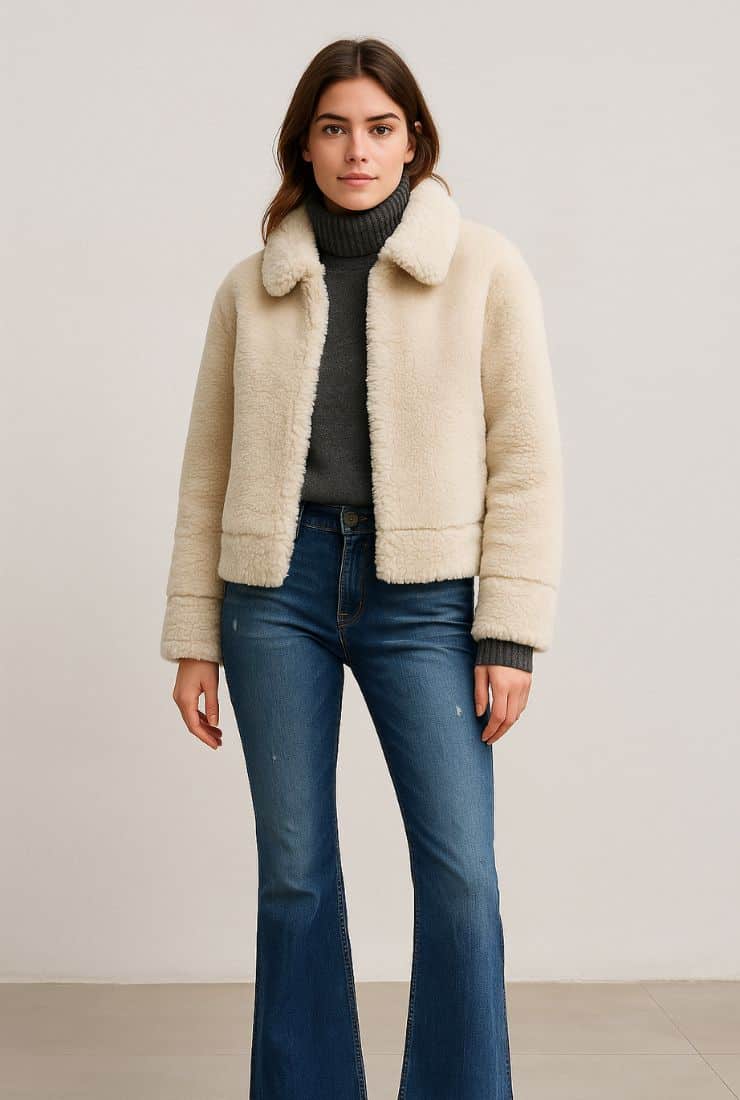 Donna con piumino corto, dolcevita e jeans