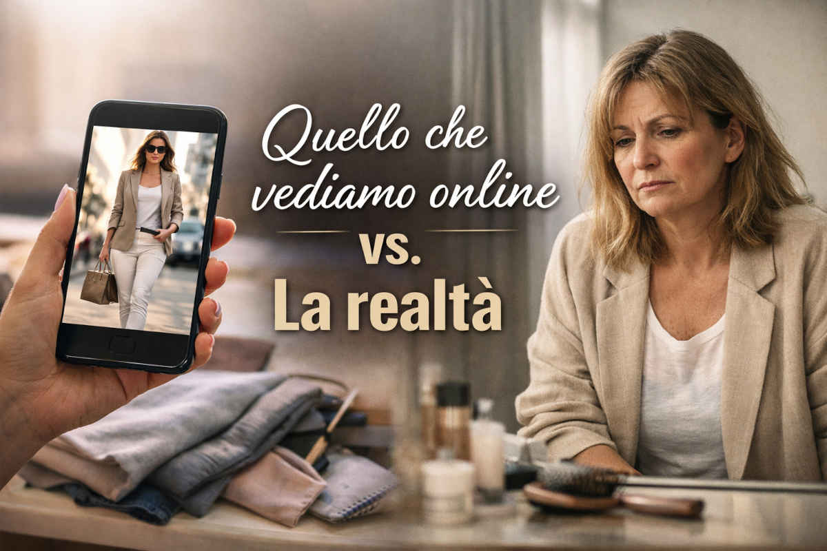 Look online vs realtà, donna che guarda un outfit sul cellulare