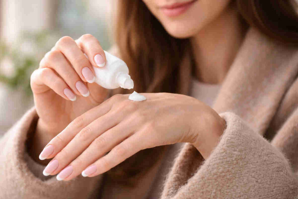 Donna che mette della crema mani sulle mani secche