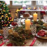 Tavola di legno addobbata per Natale