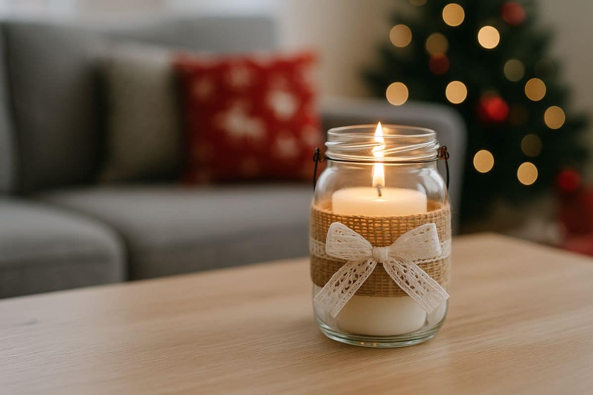 Barattolo portacandela shabby chic su tavolino soggiorno