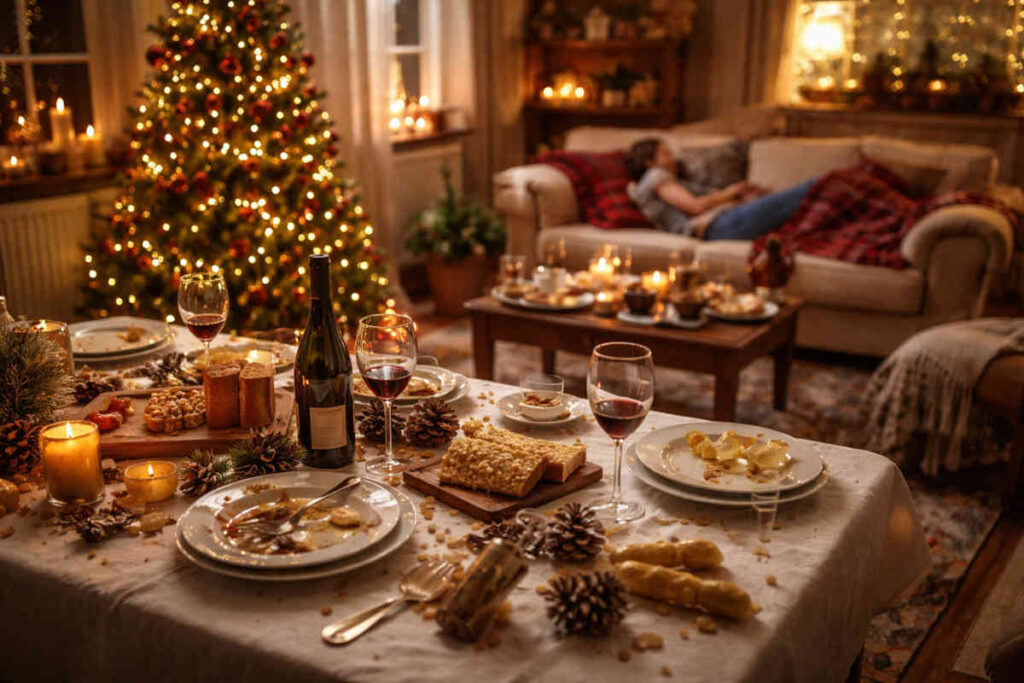 Soggiorno con tavola imbandita in stile natalizio in primo piano e decorazioni sparse