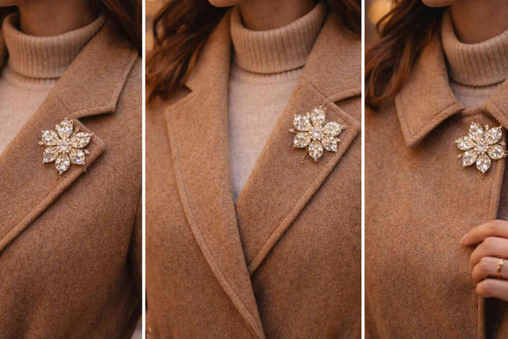Modella che indossa un cappotto beige con spilla