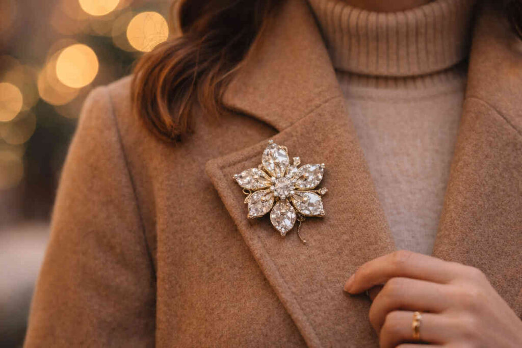 Modella che indossa un cappotto beige con spilla