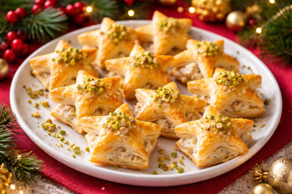 Piatto da portata con Stelline sfoglia ripiene di tonno e philadelphia e sfondo natalizio