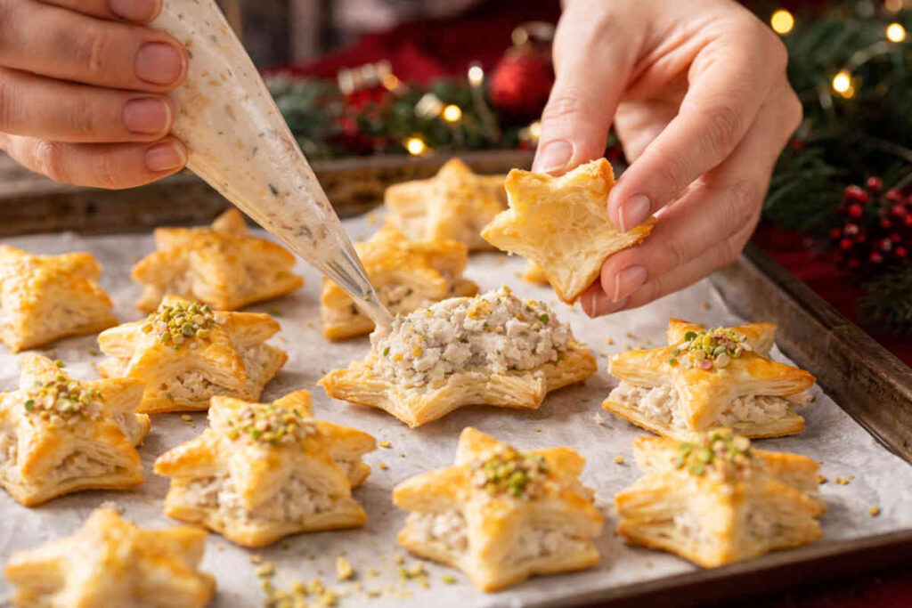 Mani femminili che riempiono delle stelline di pasta sfoglia con tonno e philadelphia