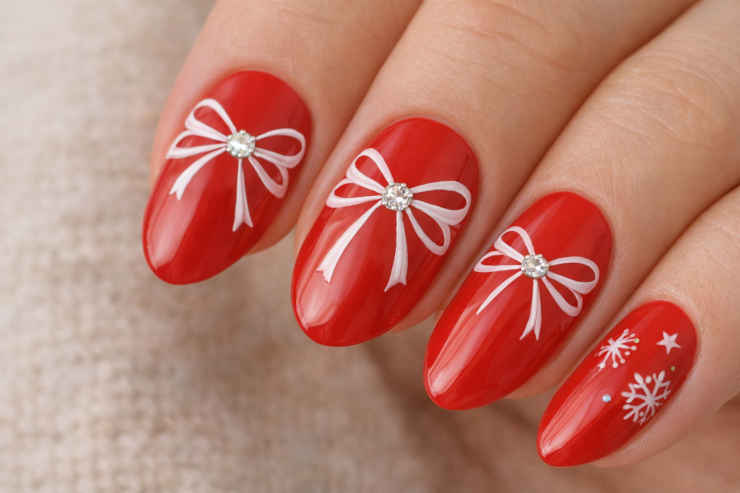 Unghie rosse con decorazioni fiocco bianco