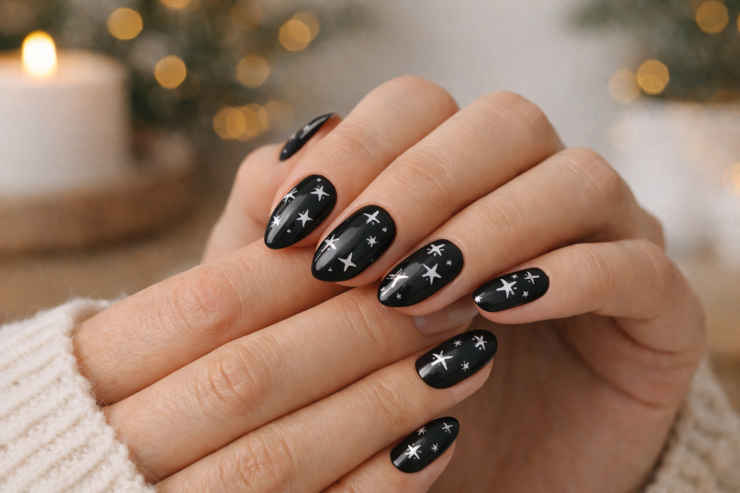 Mani di donna con unghie nere e decorazioni natalizie argento