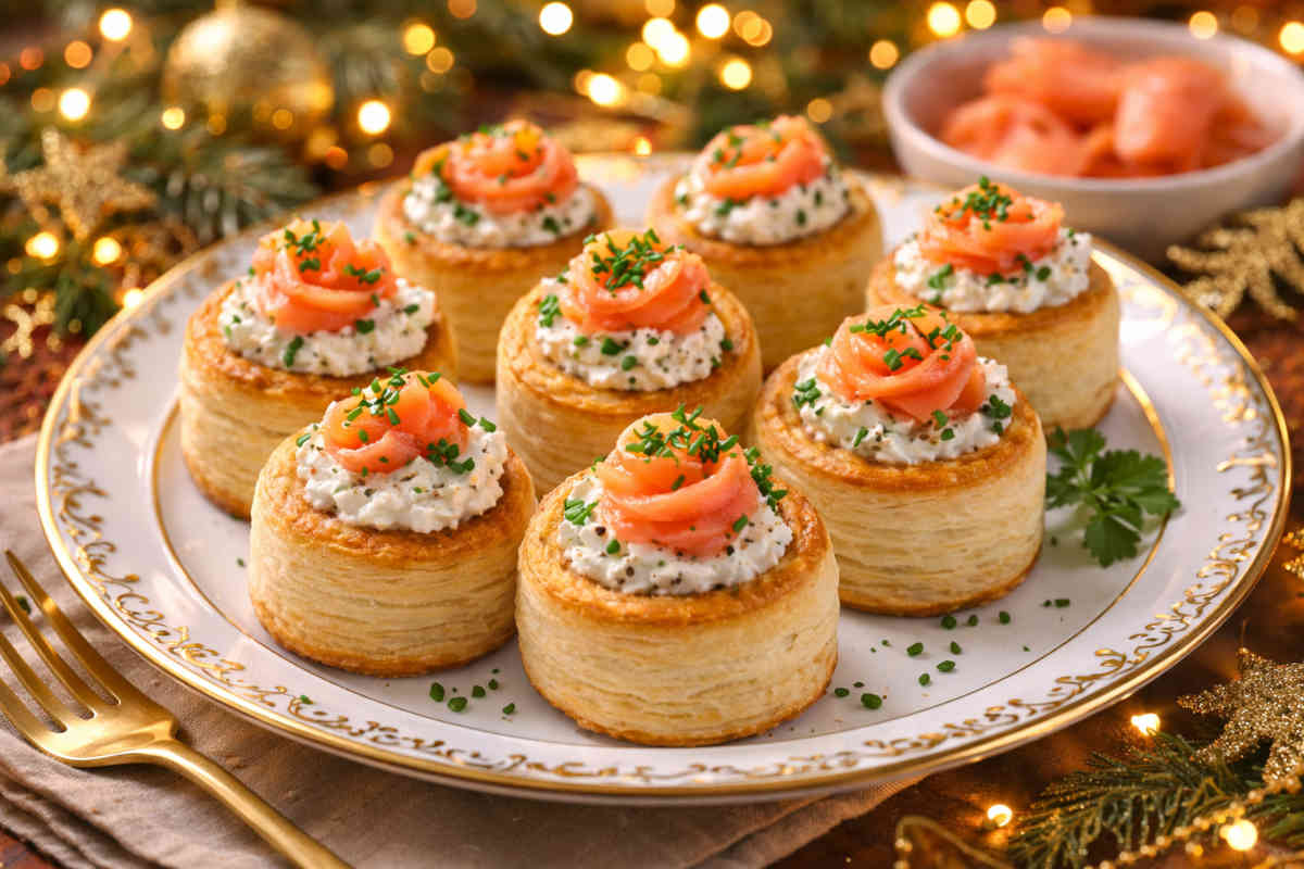 Vol-au-vent con il salmone affumicato su piatto da portata con decorazioni natalizie sullo sfondo