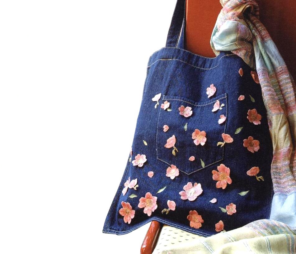 Borsa jeans con fiori decoupage 3D