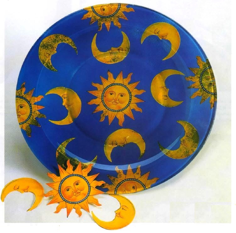 Piatto decoupage vetro decorato lune e soli