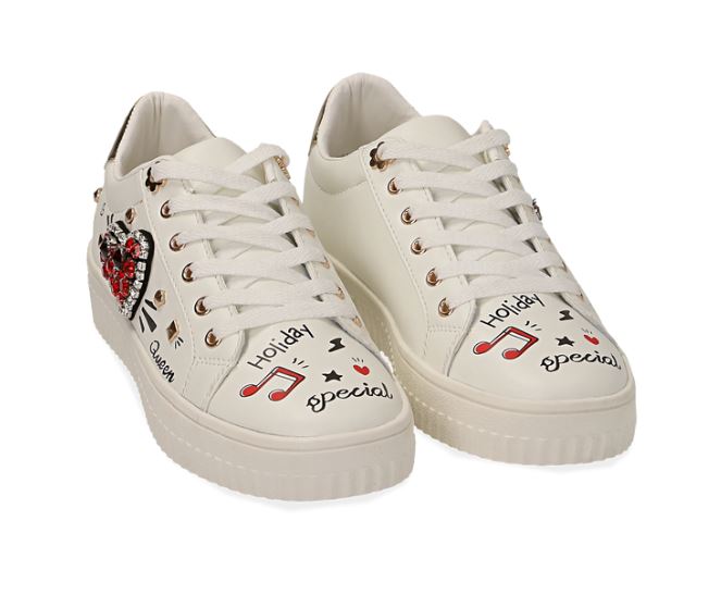 Sneakers bianche in ecopelle con pietre e stampe cartoon