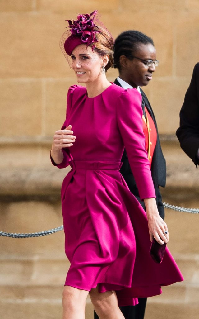 Catherine, duchessa di Cambridge, partecipa al matrimonio della principessa Eugenie di York e Jack Brooksbank alla cappella di San Giorgio nel Castello di Windsor il 12 ottobre 2018 a Windsor, in Inghilterra.