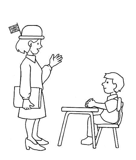 Disegno sulla scuola da colorare con la maestra di inglese