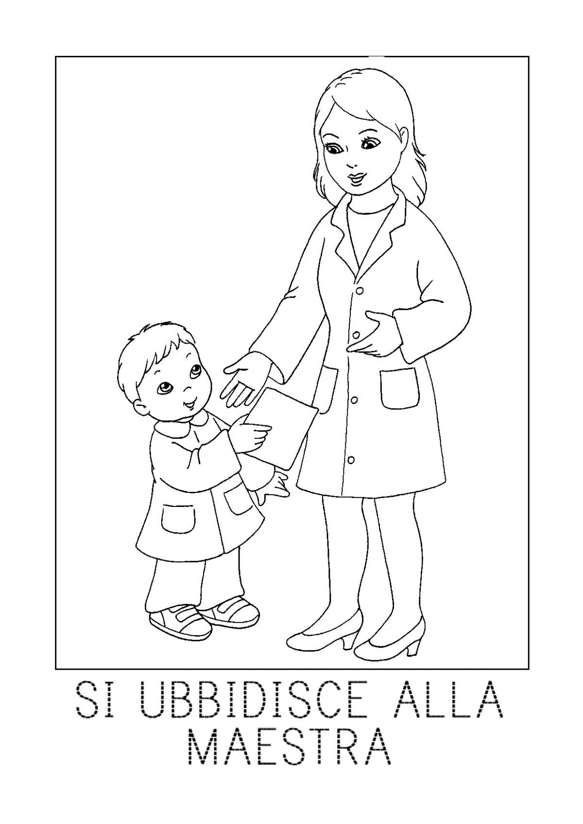 Disegno sulla scuola da colorare con la maestra