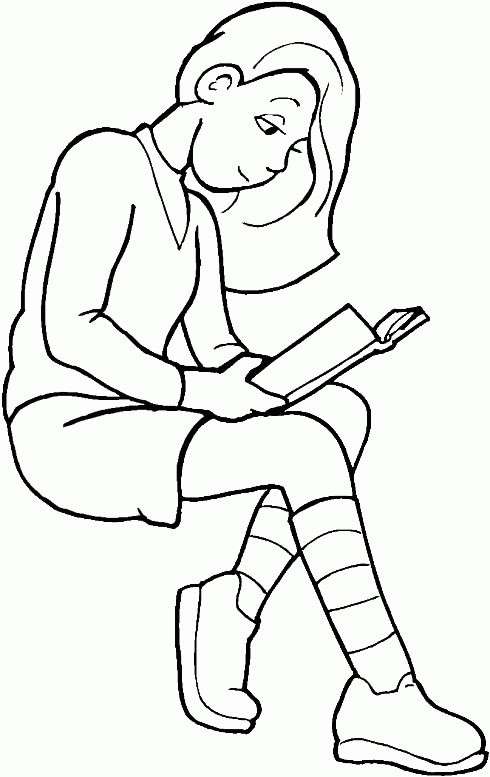 Disegno sulla scuola da colorare con ragazzina che legge
