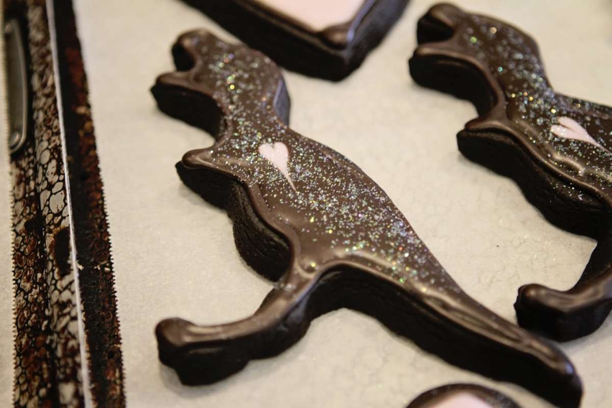 Biscotti con glassa al cioccolato a forma di dinosauri