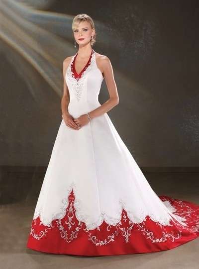 Abito da sposa bianco e rosso con coda