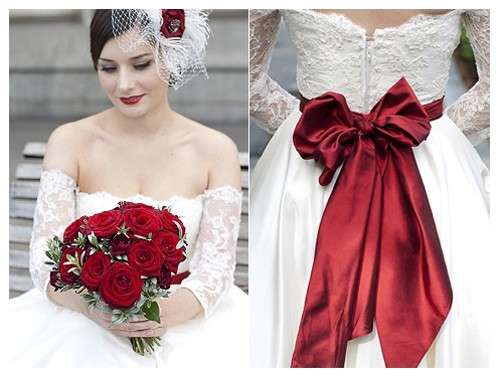 Abito da sposa bianco e rosso dettaglio