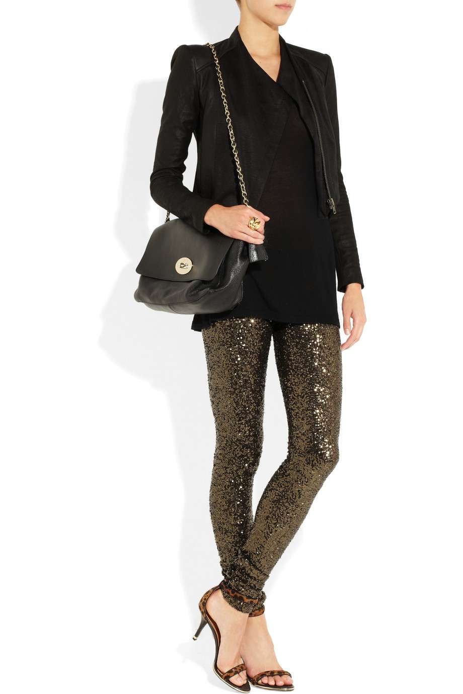 Leggings laminati con camicia e giacca in nero