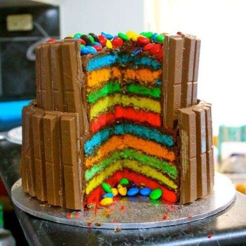 Torta arcobaleno con smarties e kit kat