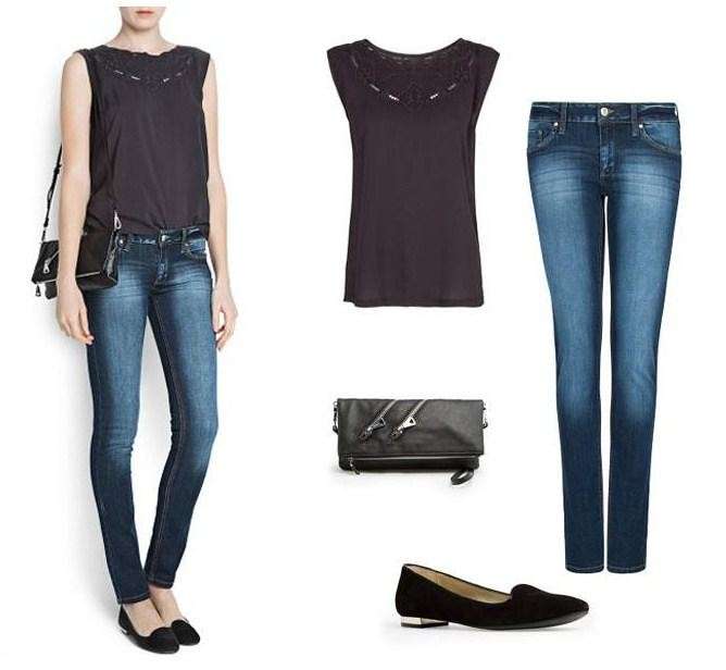 Jeans stretch, top nero e slippers nere