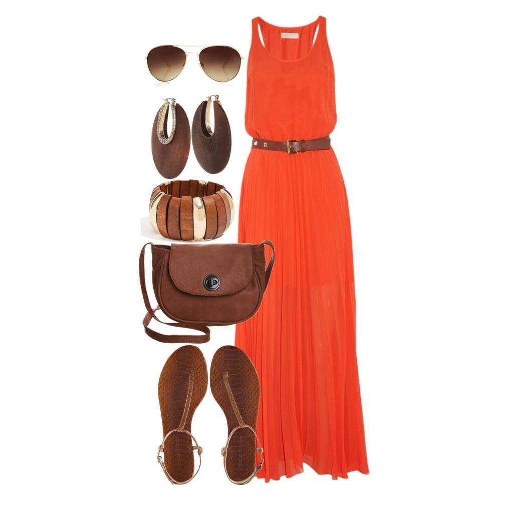 Longdress arancione e accessori marroni