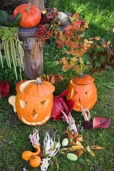 Zucche intagliate e decorazioni per il giardino