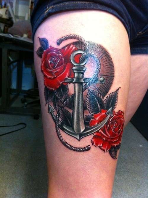 Tatuaggio colorato con ancora e rose