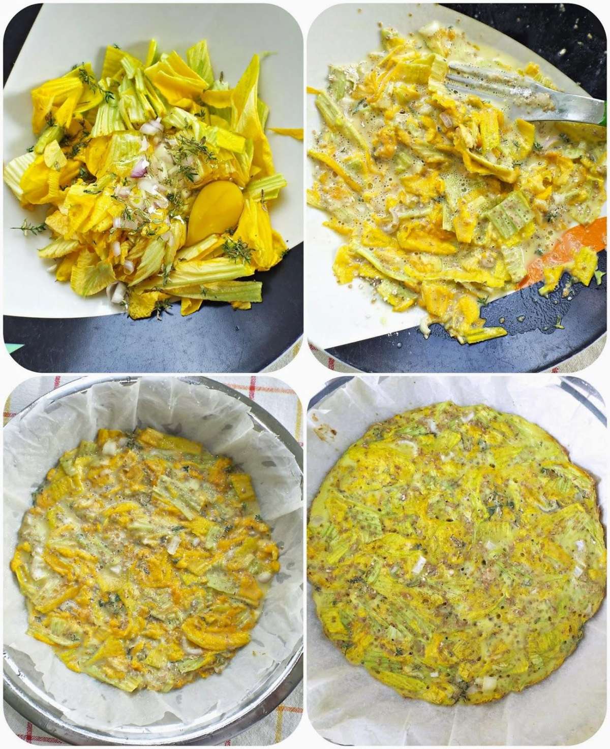 Preparazione frittata con fiori di zucca e timo