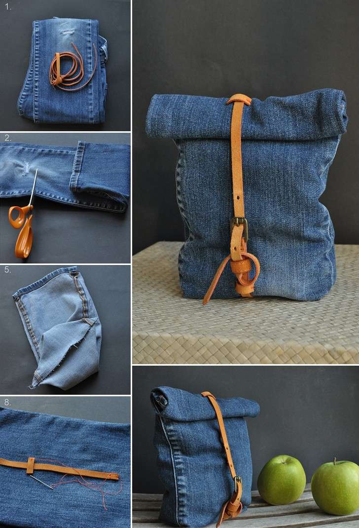 Zaino di jeans con fibbia in cuoio