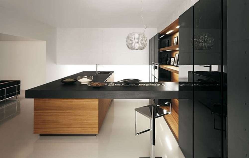 Cucina con penisola nera e legno