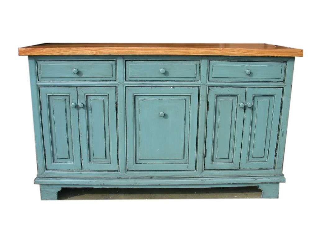 Credenza azzurra con piano in legno