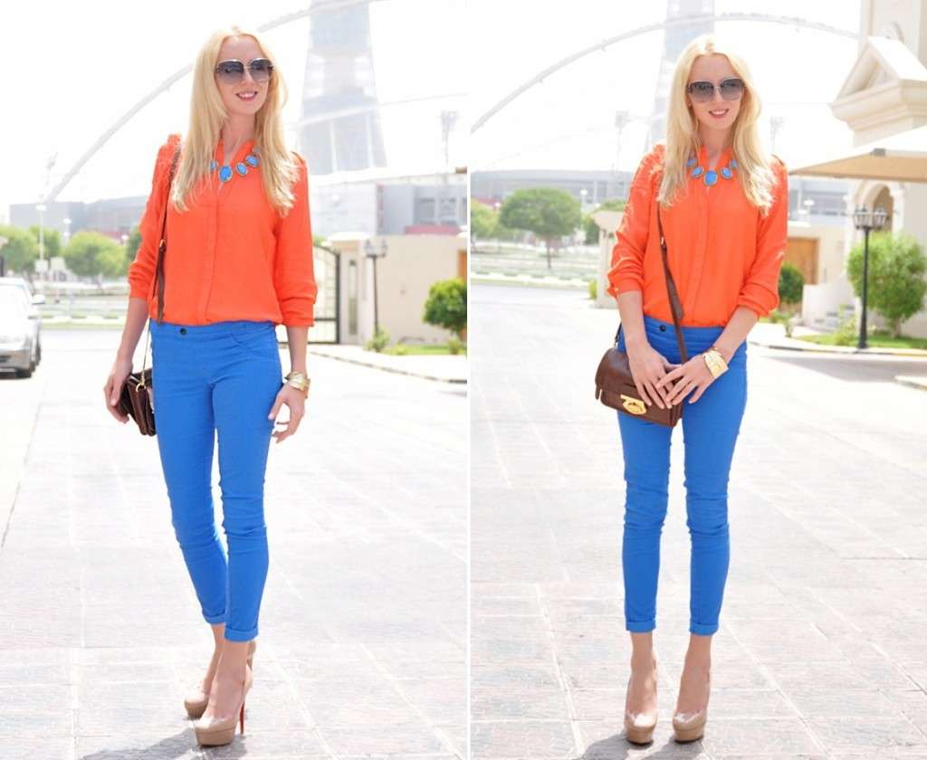Pantaloni blu e blusa orange