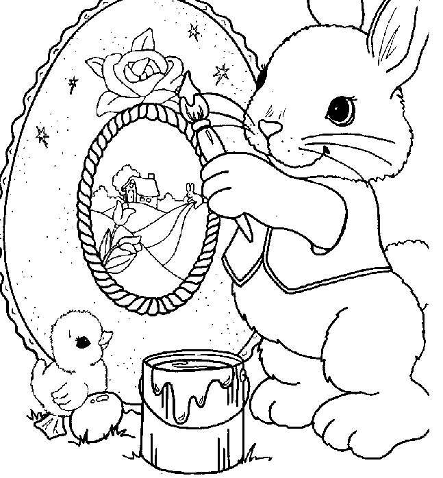Disegno di Pasqua con il coniglio che dipinge l'uovo