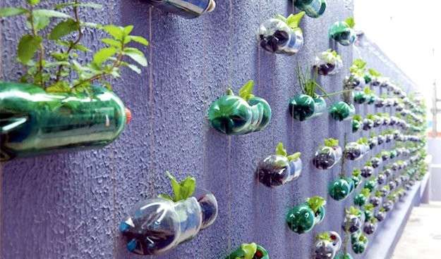 Bottiglie di plastica appese al muro