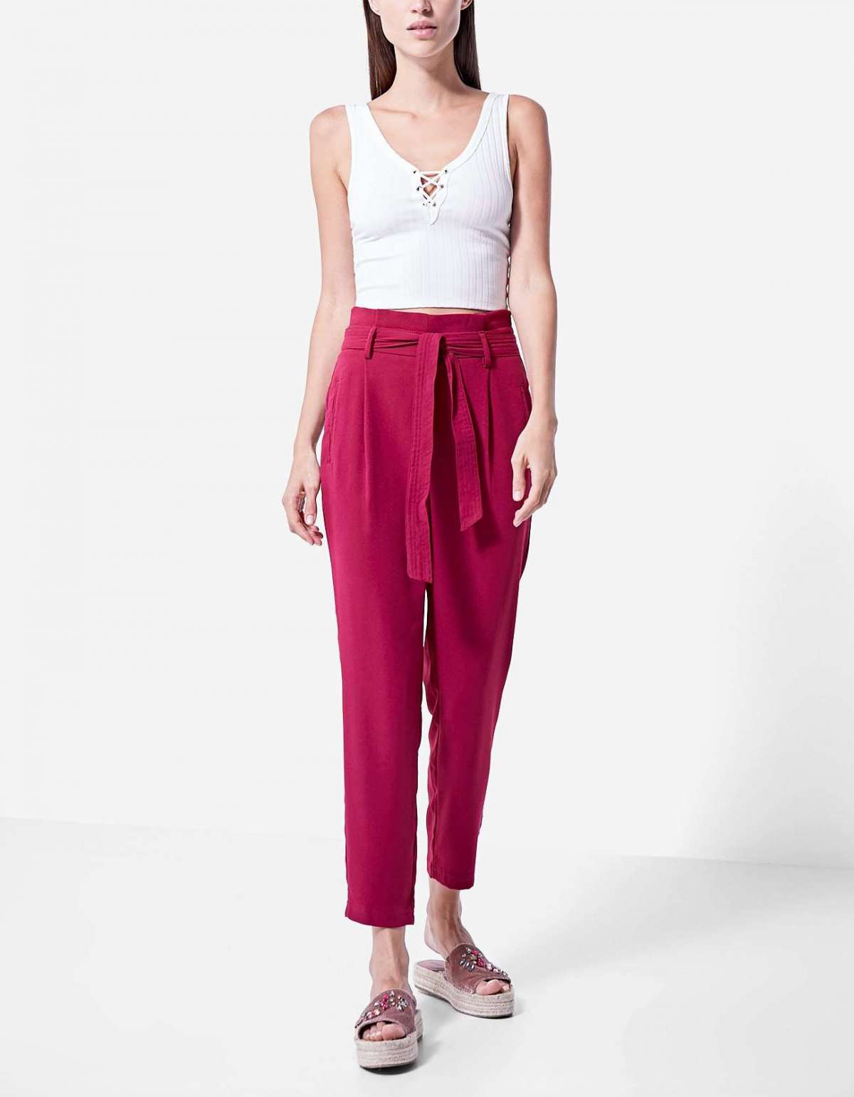 Pantaloni paper bag Stradivarius magenta