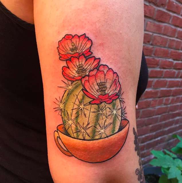 Tatuaggio di cactus in vaso a forma di tazza