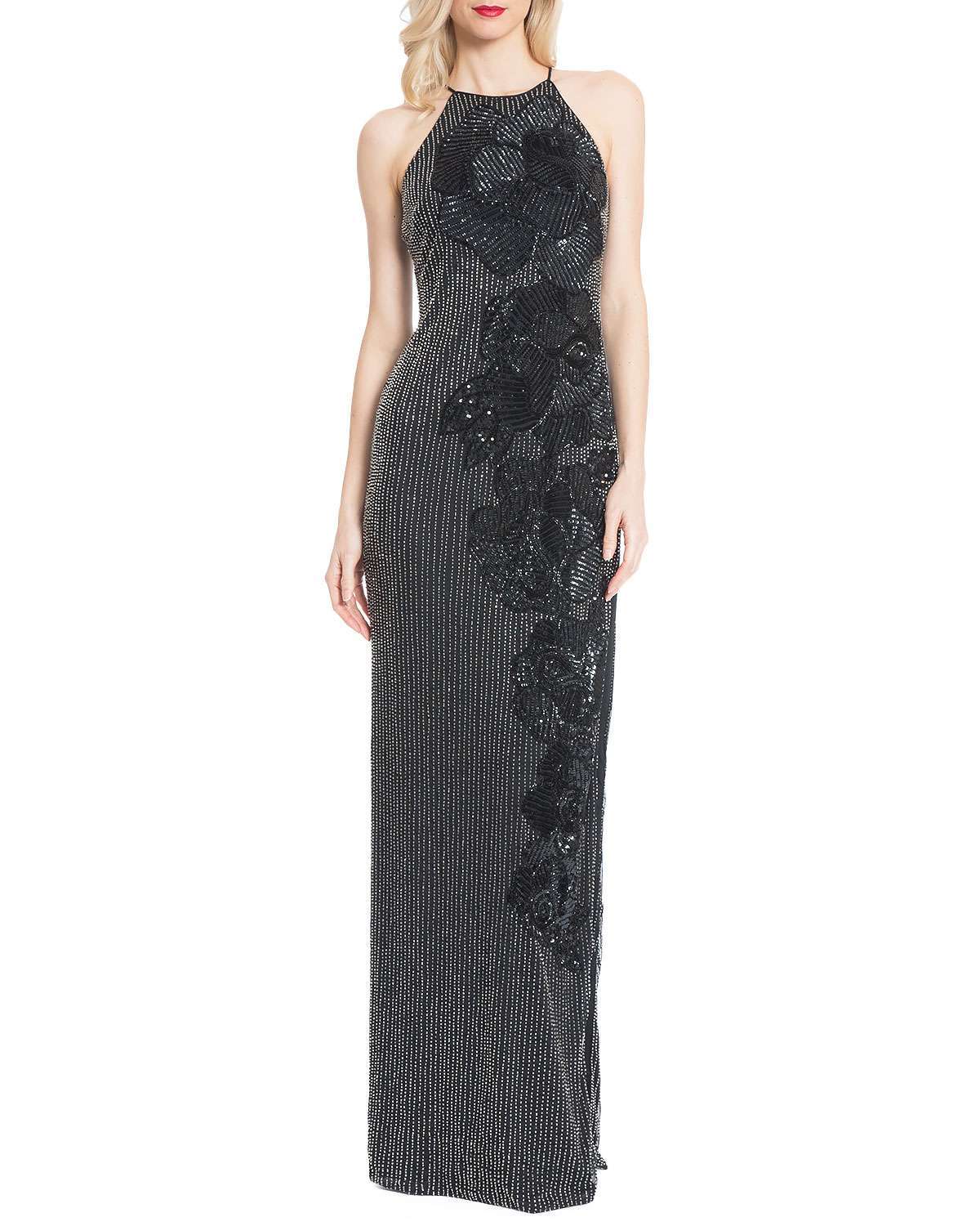 Abito nero con ricami floreali Badgley Mischka