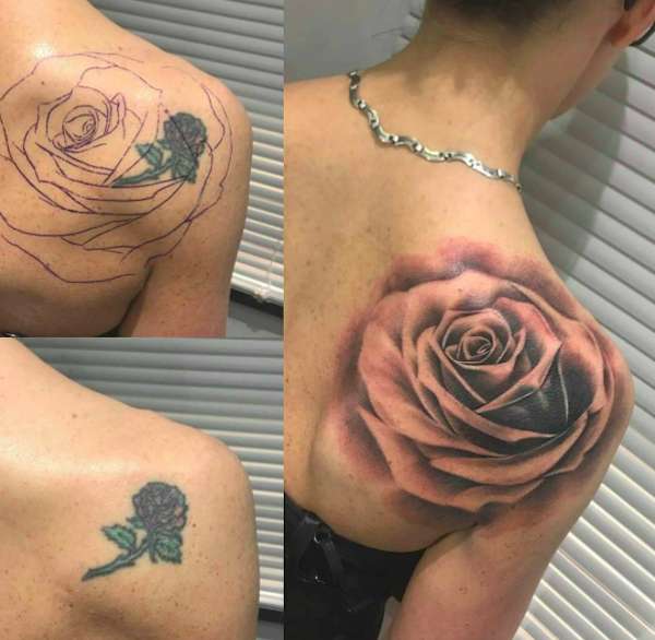 Cover up tatuaggio con rosa sulla spalla