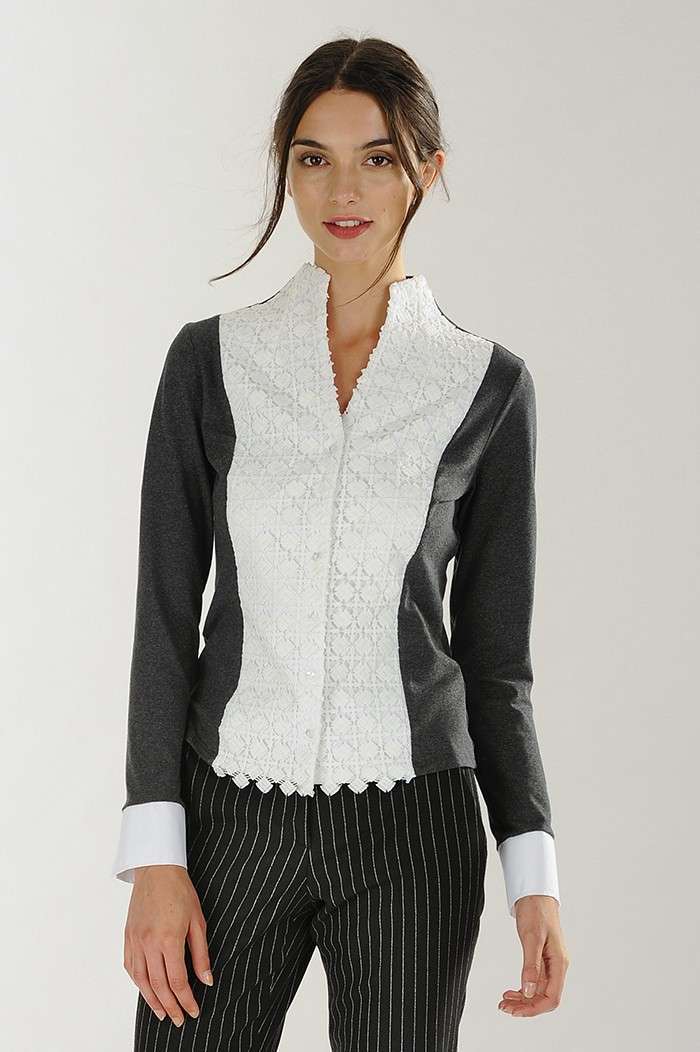 Camicia in tessuto plastron con collo montante in pizzo Nara Camicie