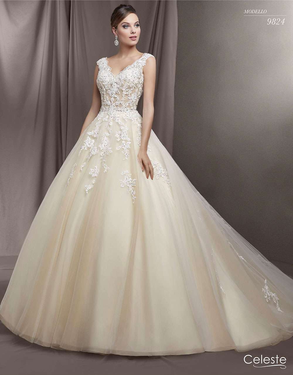 Abito con trasparenze e sottogonna champagne Celeste