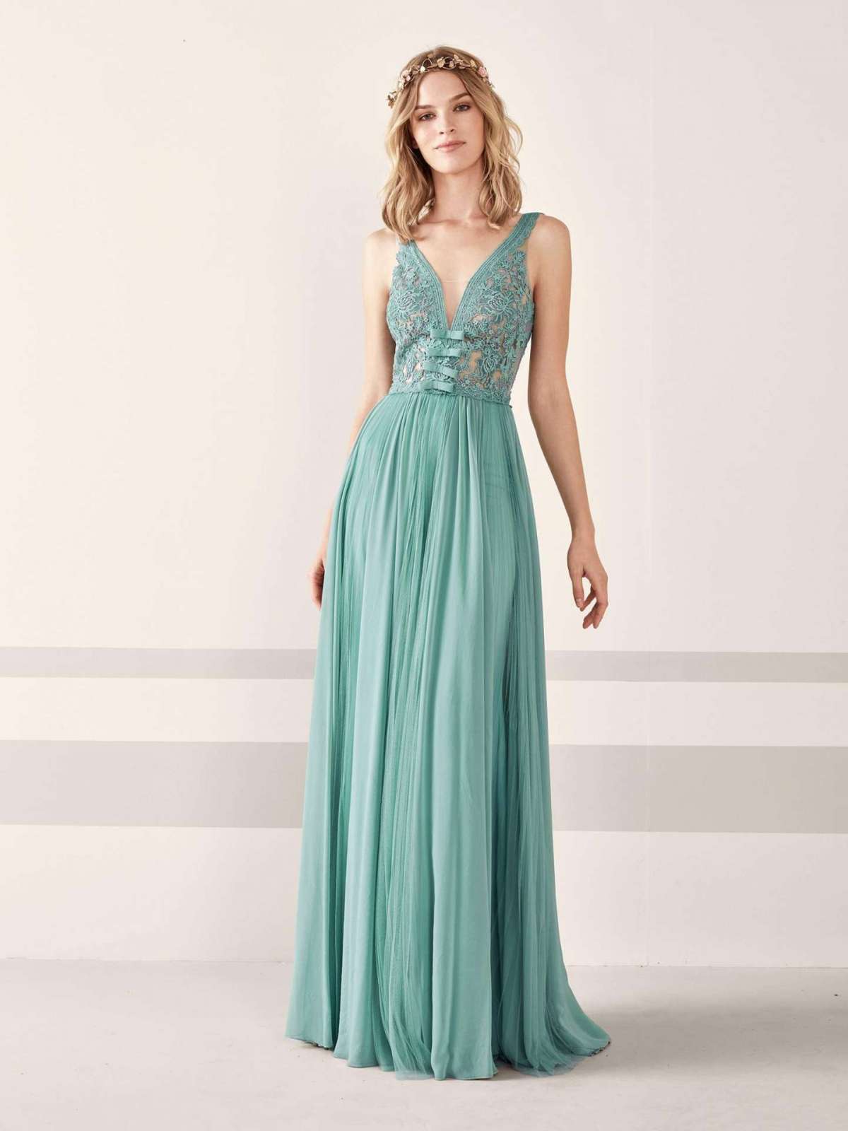 Vestito lungo in chiffon verde e tulle